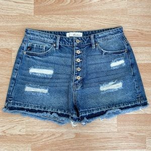 KanCan High Rise Button Fly Destroyed Released Hem Denim Jeans Mom Shorts Large